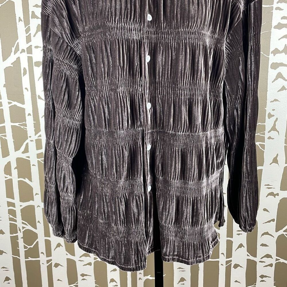 Shirred Velour Button Front Top Cocoa Brown M - image 6